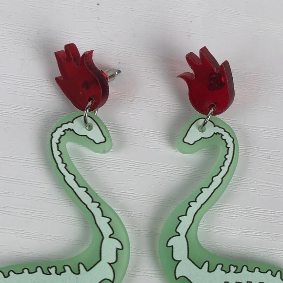 Acrylic Translucent Green Dinosaur Skeleton Fire Drop Dangle Earrings Goth - Picture 4 of 4